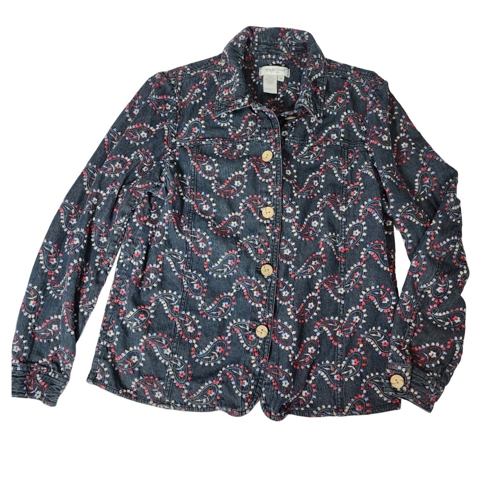 Coldwater‎ Creek Womens M Blue Paisley Embroidered Denim Jacket Button Up Boho